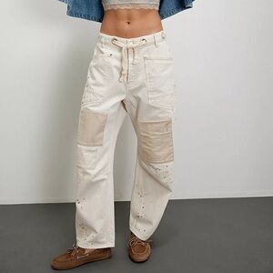 Free People We The Free Moxie Pull-On Barrel Jeans White Paint Splatter Size 27